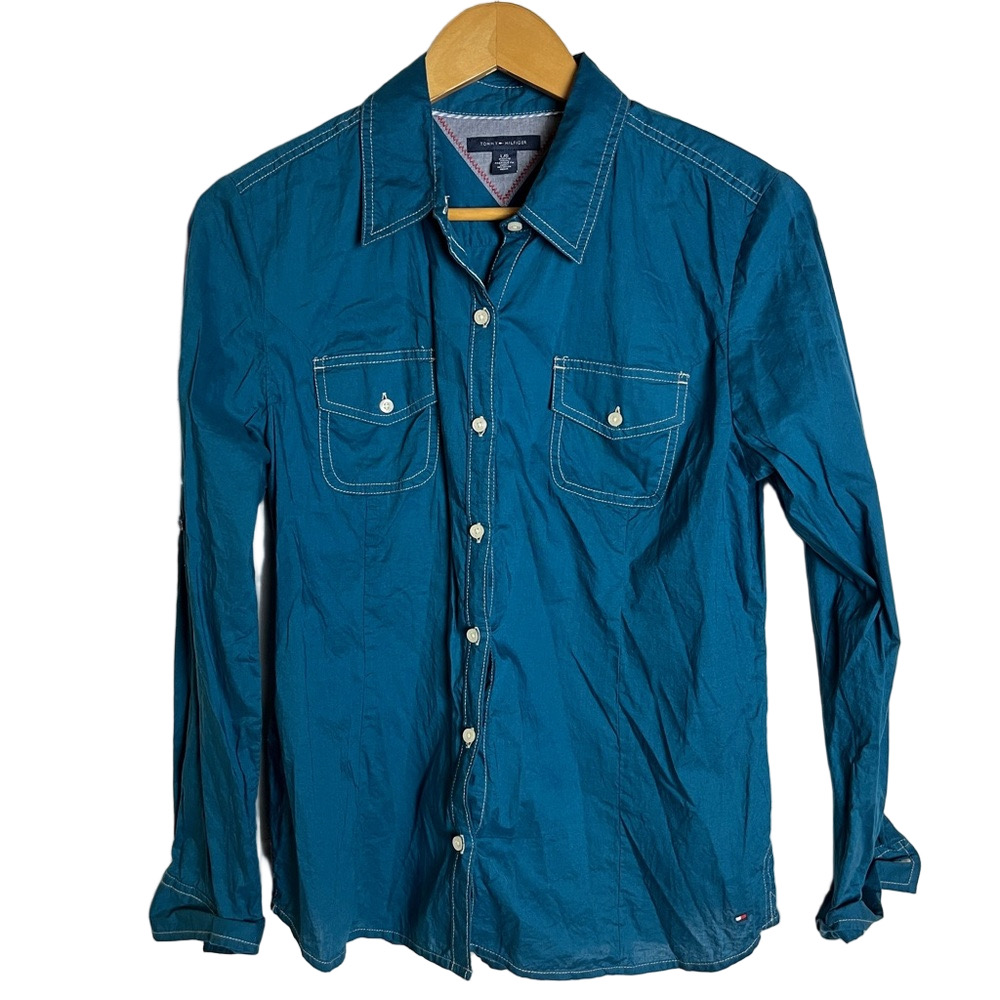 Tommy Hilfiger Teal Blue Button Down Shirt Womens Large Preppy Office Classic